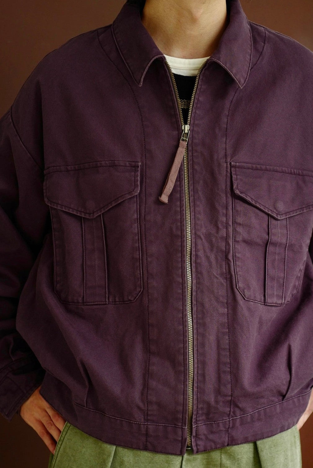 USAGE Heavyweight Canvas Cropped Workwear Jacket in Purple - On Male Model