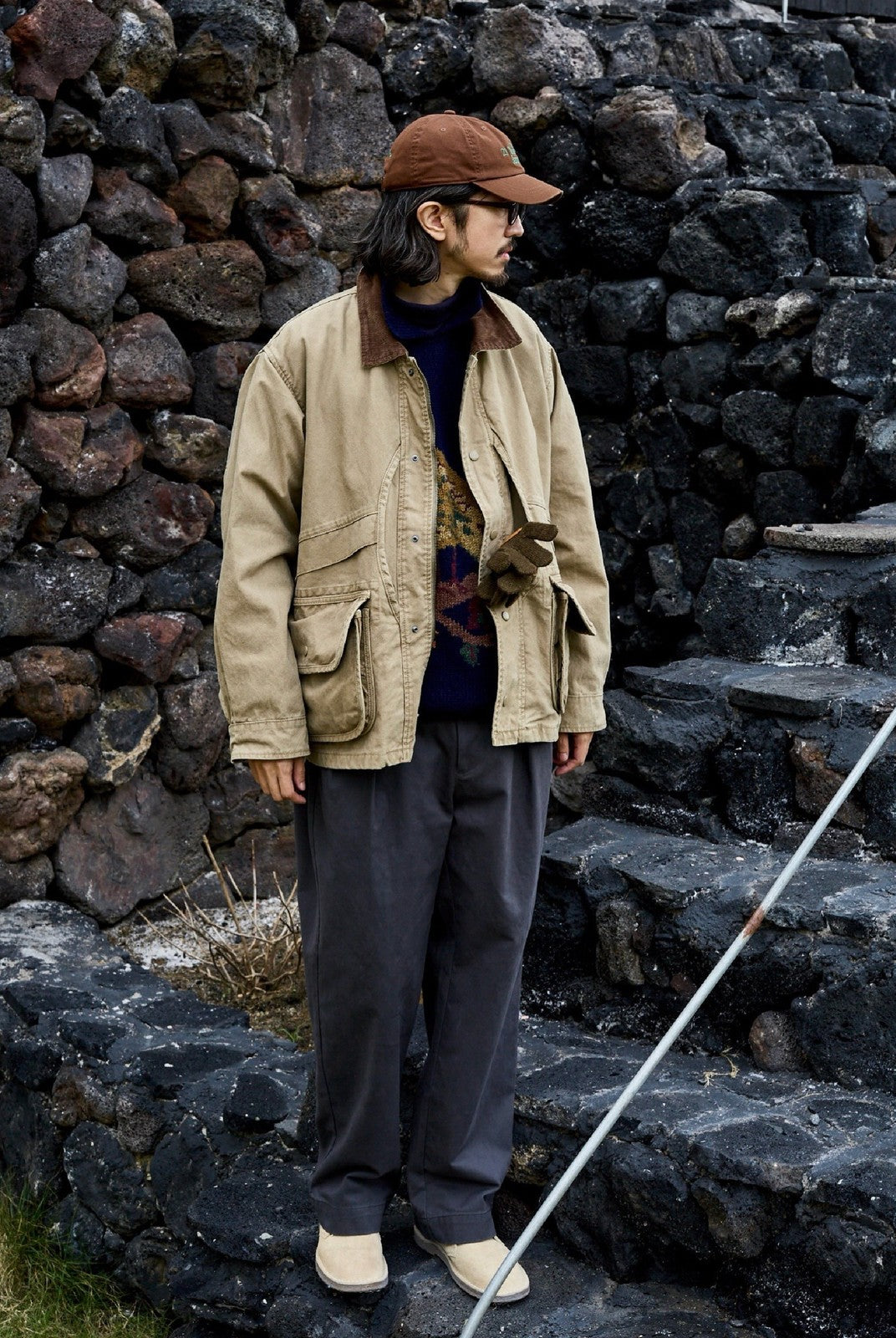 USAGE Heavyweight Cotton Canvas Barn Jacket in Beige - On Male Model