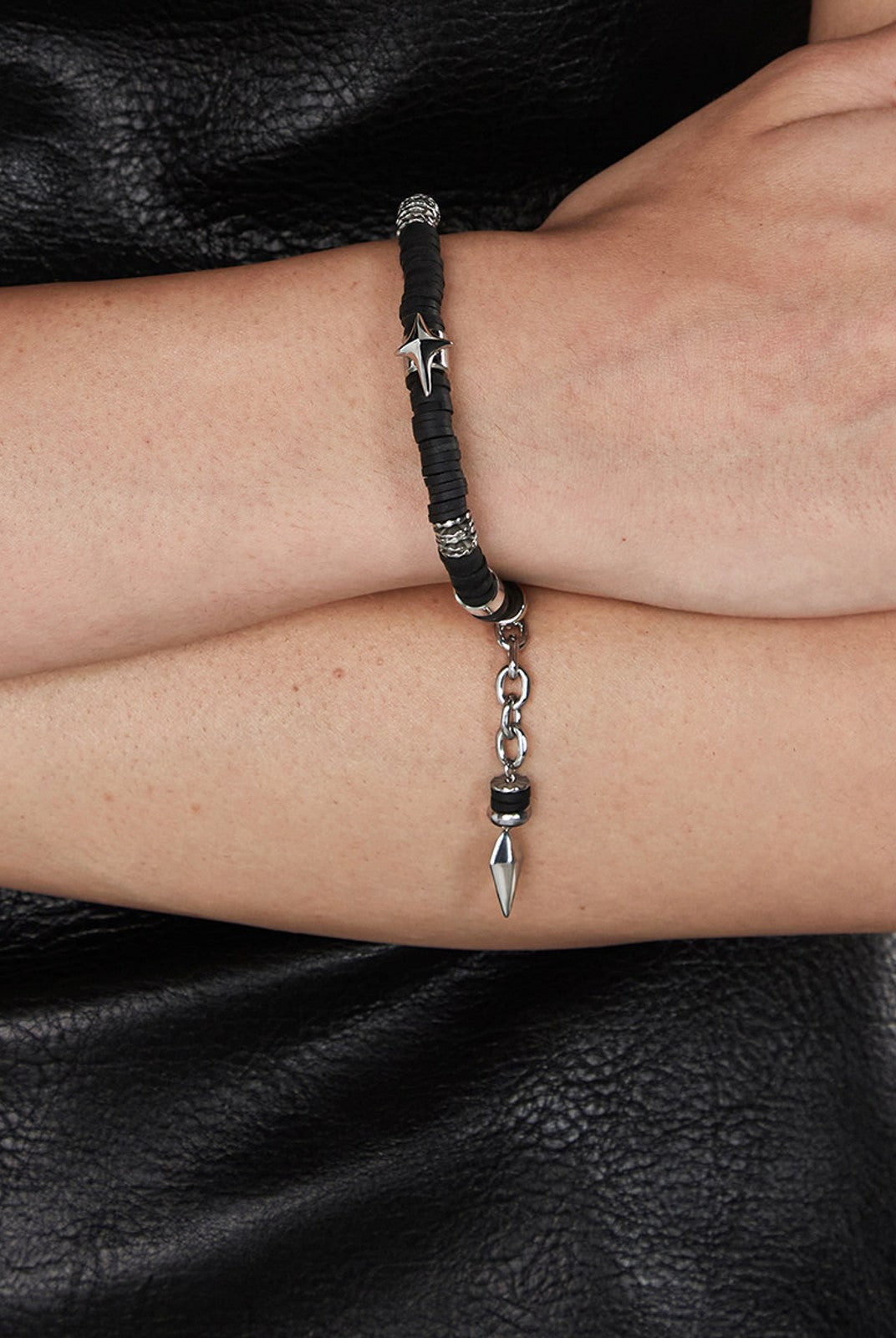BLACKHEAD Star Pendant Chain Bead Bracelet in Black - On Model