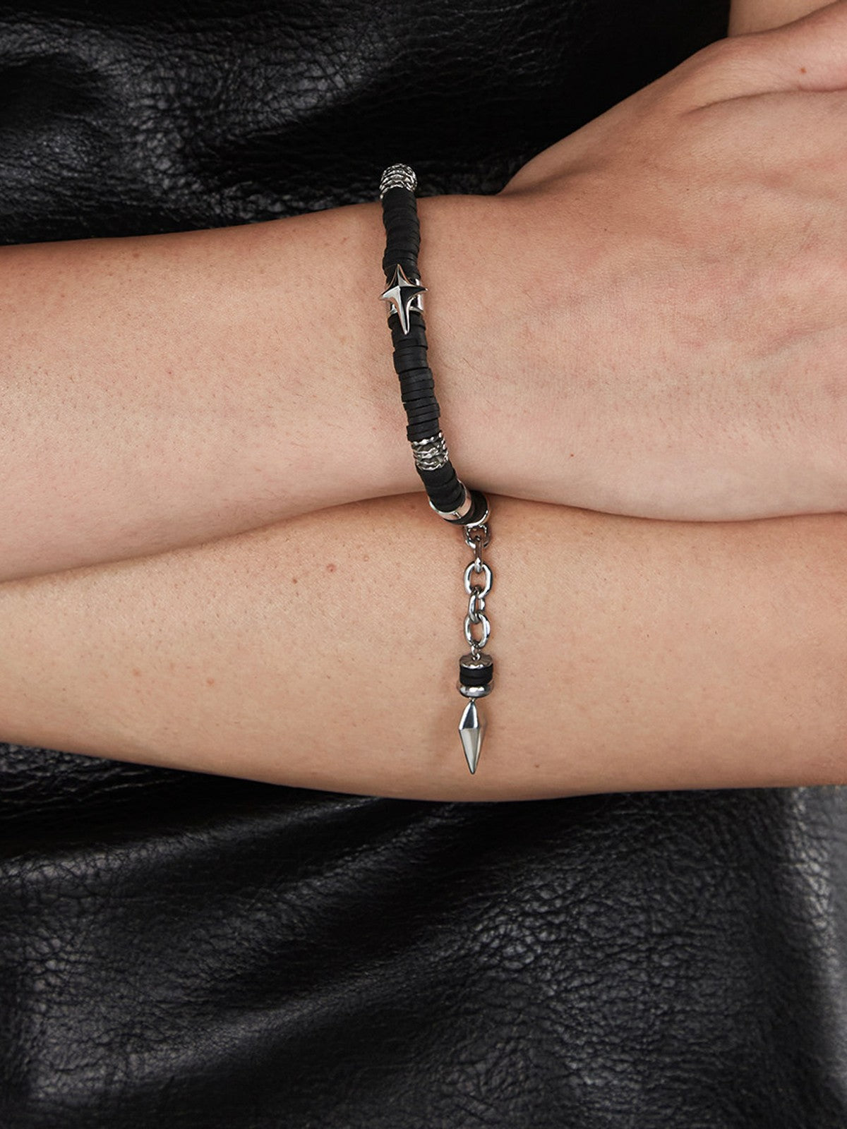BLACKHEAD Star Pendant Chain Bead Bracelet in Black - On Model