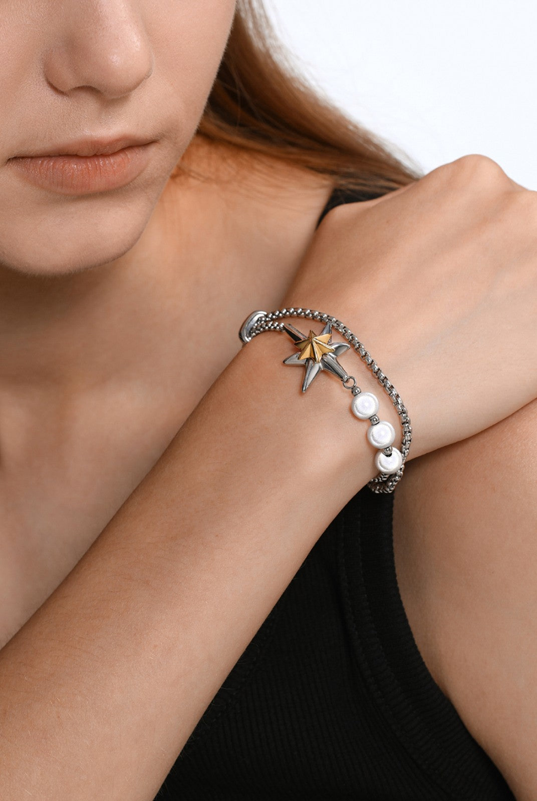 BLACKHEAD Two Tone Star Pearl Bracelet in Gold - On Female Model