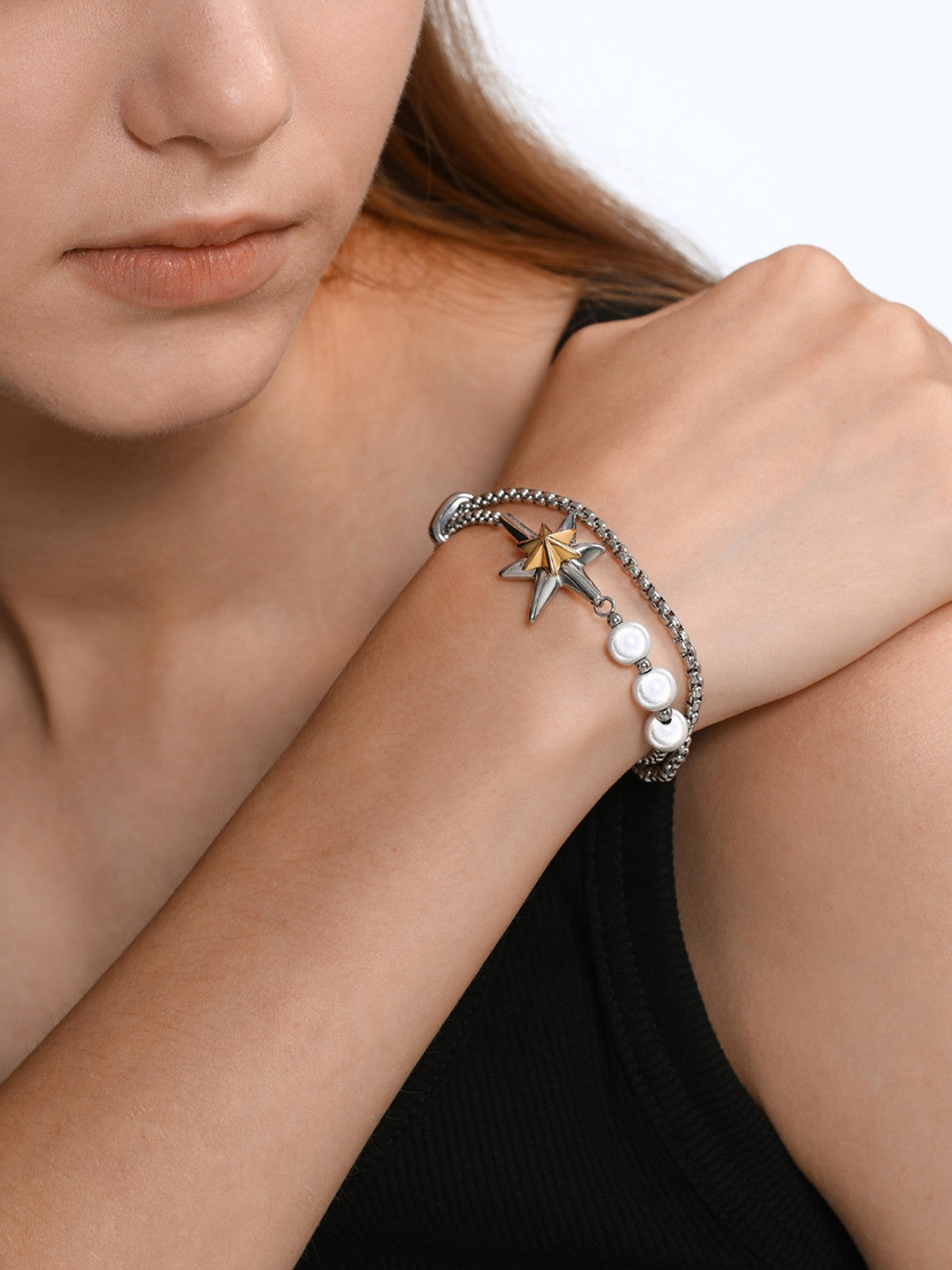 BLACKHEAD Two Tone Star Pearl Bracelet in Gold - On Female Model