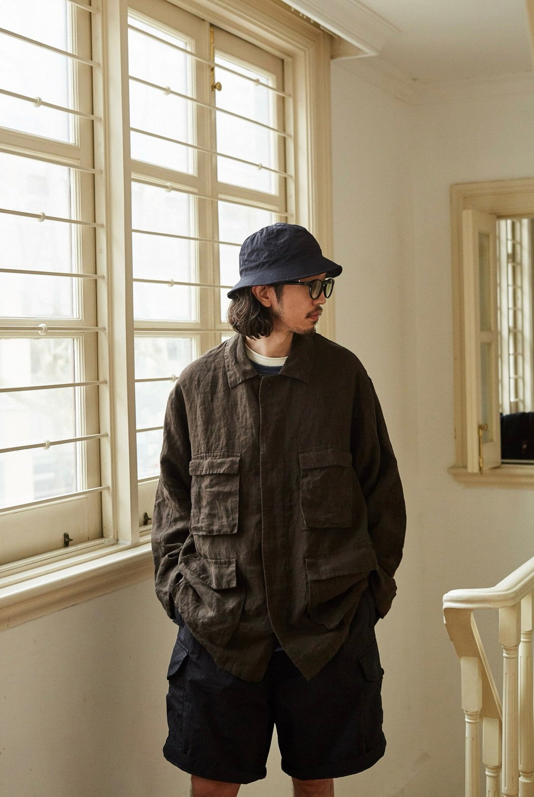 USAGE Linen Four Pocket BDU Jacket in Brown - On Male Model