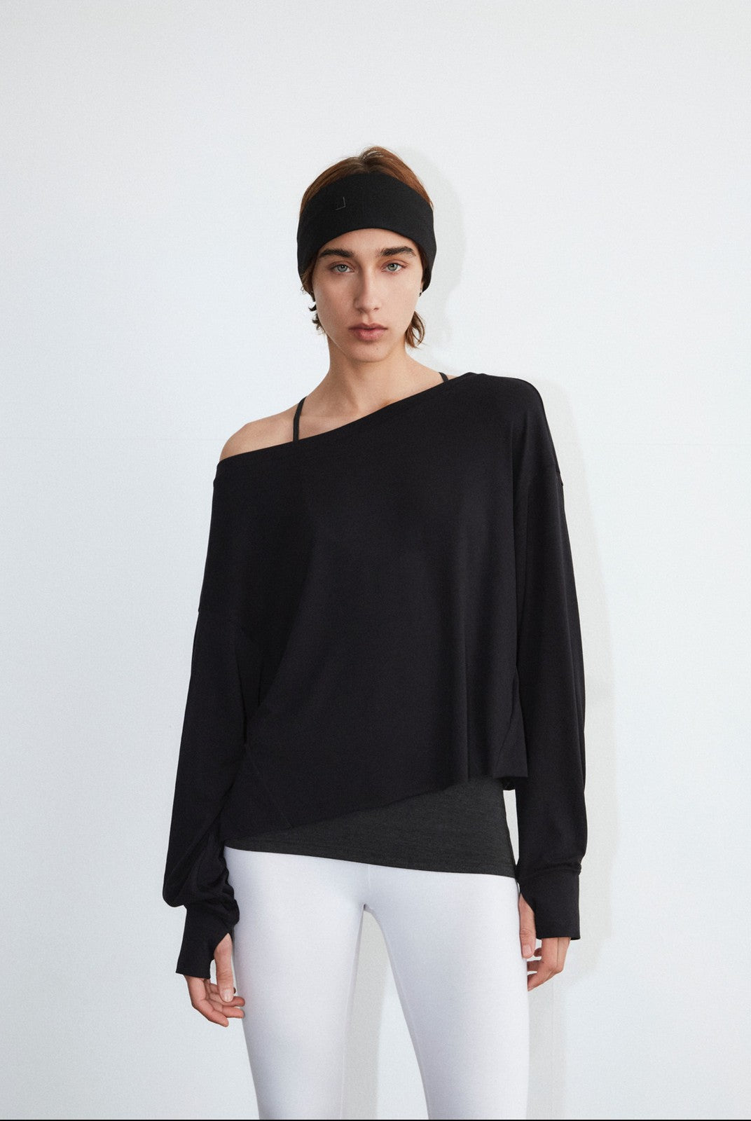 FaxCopyExpress Off Shoulder Overlay Sweatshirt in Black - On Female Model