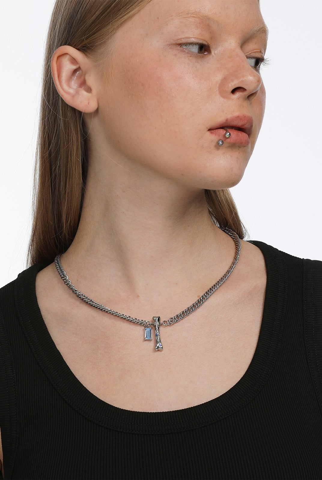 BLACKHEAD Blue Rhinestone Bone Necklace in Silver - On Female Model