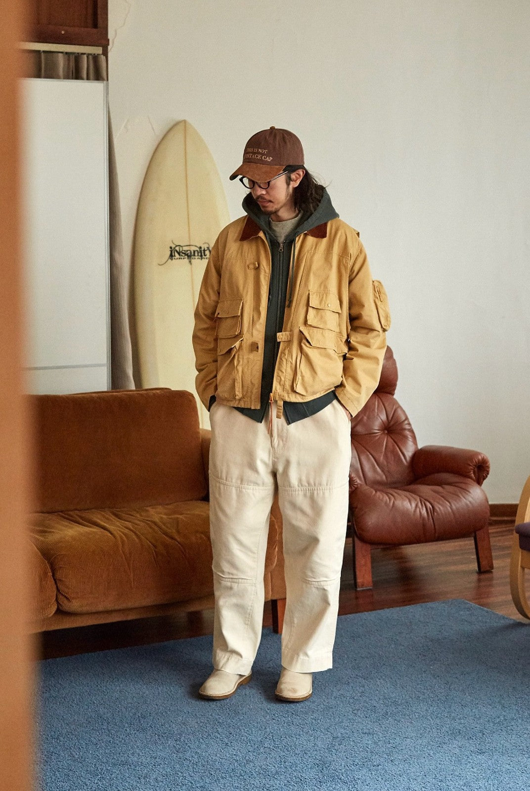 USAGE Corduroy Collar Cotton Fishing Jacket in Beige - On Male Model