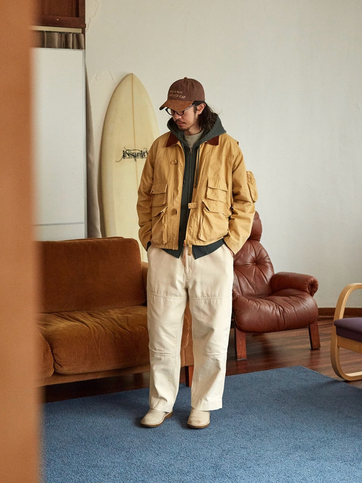 USAGE Corduroy Collar Cotton Fishing Jacket in Beige - On Male Model