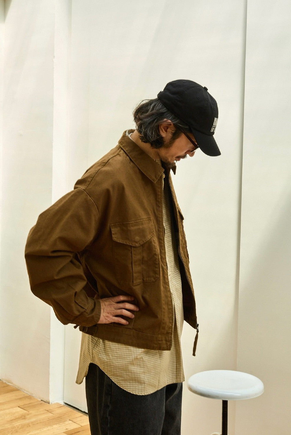 USAGE Heavyweight Canvas Cropped Workwear Jacket in Brown - On Male Model