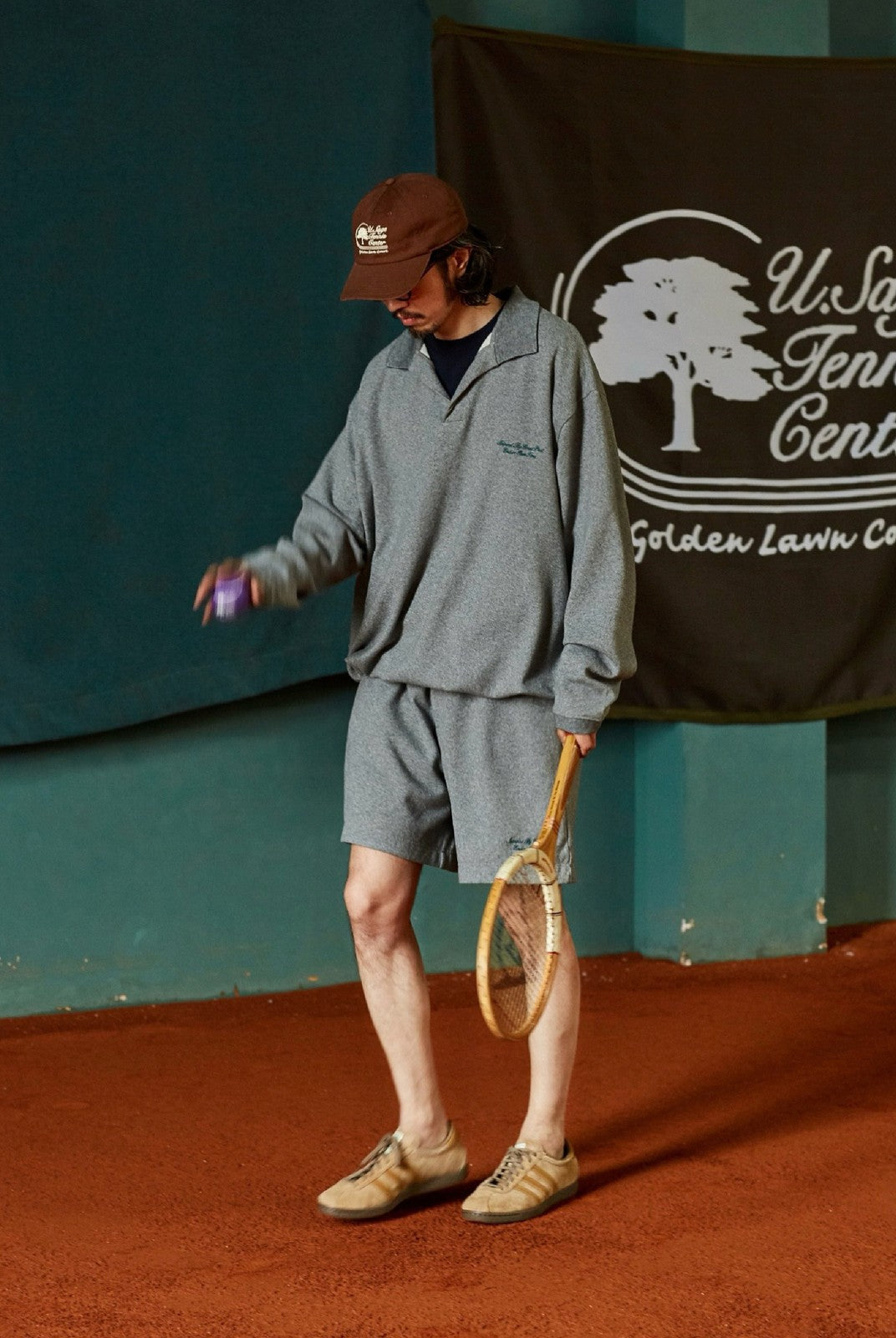 USAGE Oversized Textured Long Sleeve Polo in Gray - On Male Model