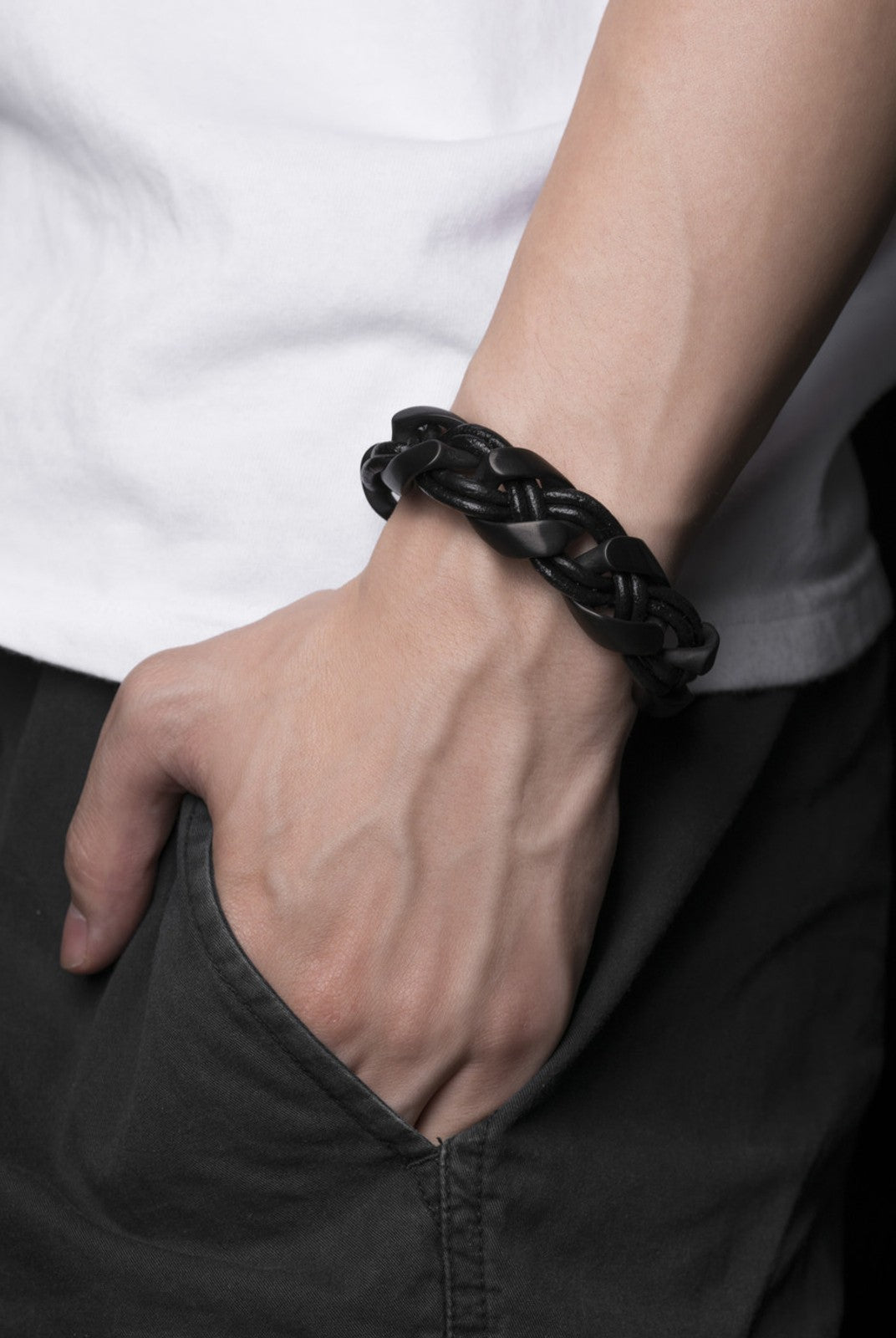 BLACKHEAD Braided Cowhide Steel Bracelet in Black - On Male Model
