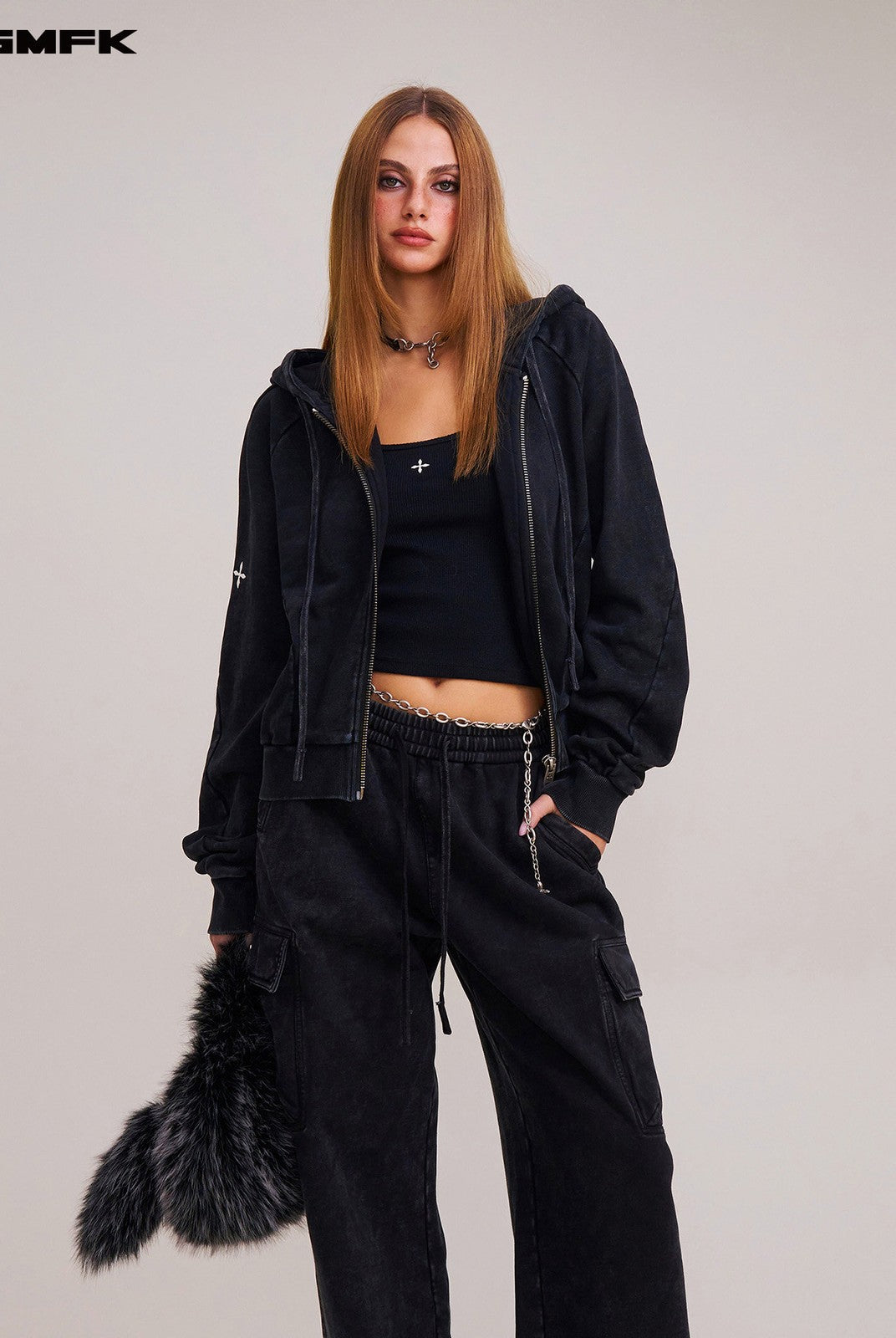 SMFK Garment Dyed Cotton Zip Up Hoodie in Black - On Female Model