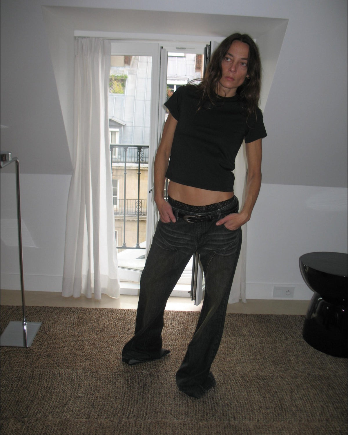 FaxCopyExpress Curved Panel Dirty Wash Jeans in Gray - On Female Model