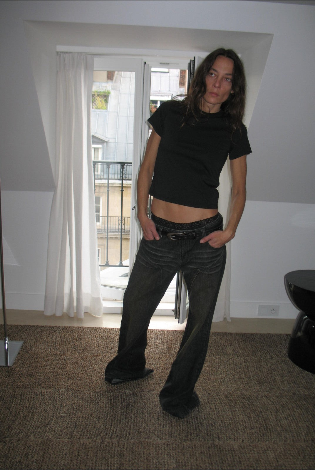 FaxCopyExpress Curved Panel Dirty Wash Jeans in Gray - On Female Model