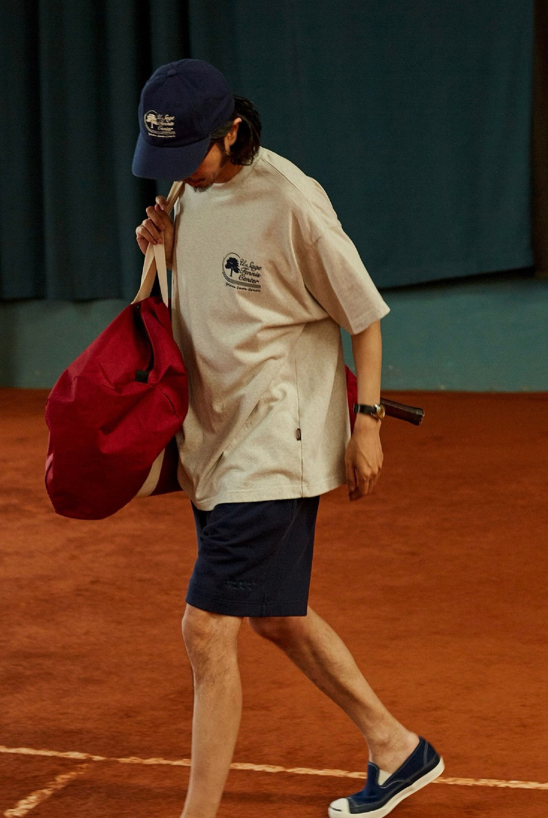 USAGE Retro Tennis Graphic Cotton T Shirt in Gray - On Male Model