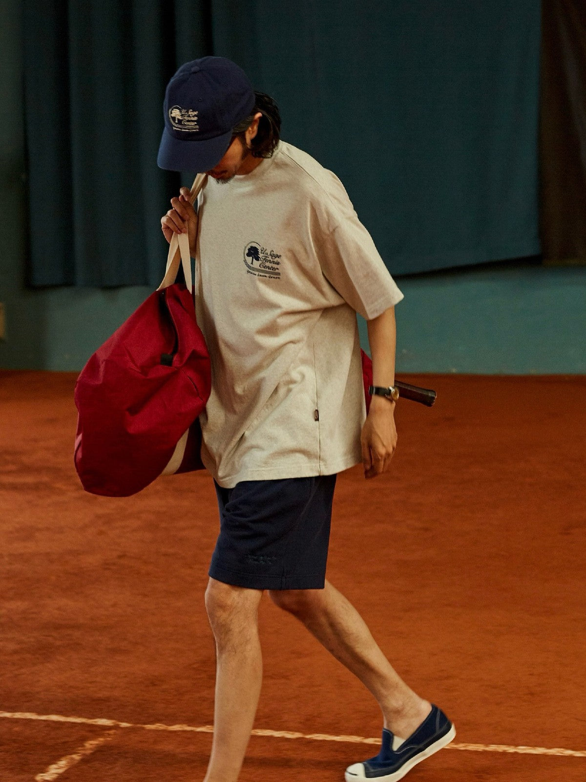 USAGE Retro Tennis Graphic Cotton T Shirt in Gray - On Male Model