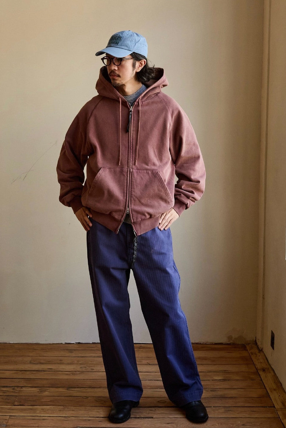USAGE Vintage Washed Double Layer Zip Hoodie in Burgundy - On Male Model
