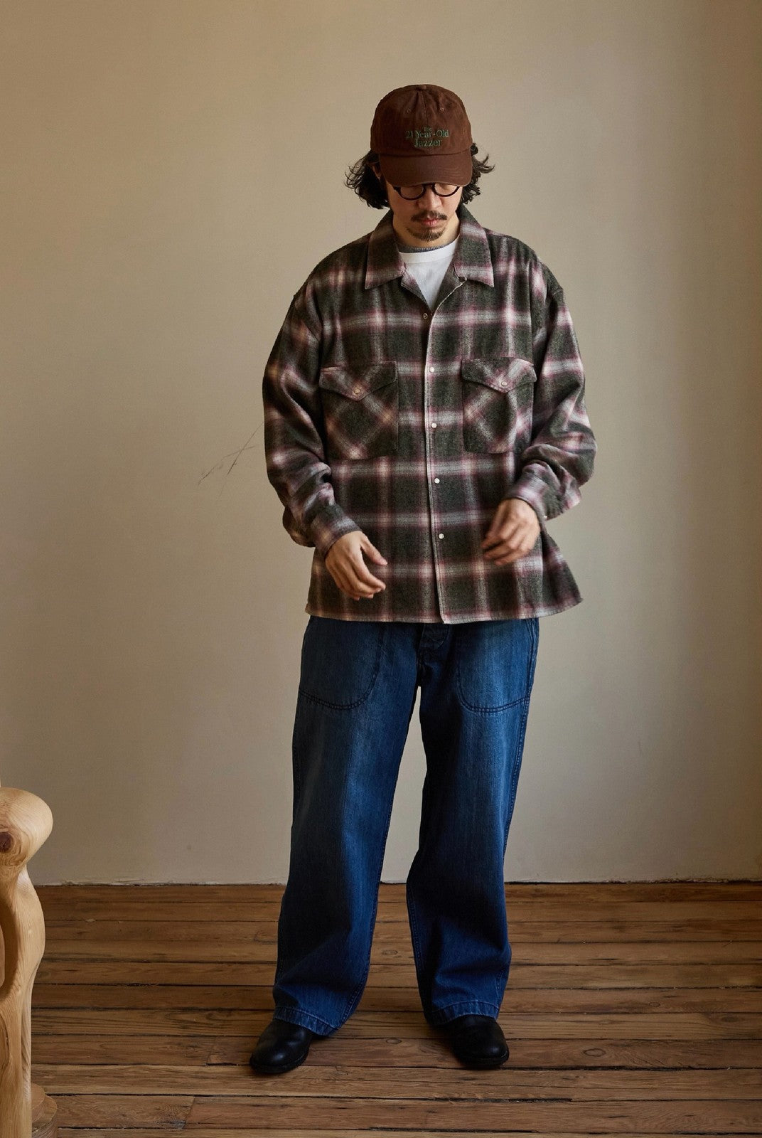 USAGE Brushed Plaid Western Shirt in Olive - On Male Model