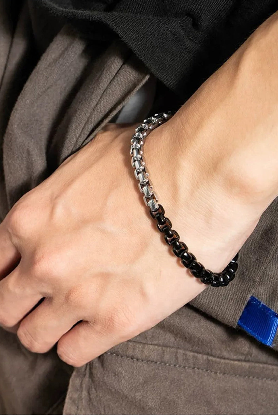 BLACKHEAD Two Tone Steel Box Chain Bracelet in Black - On Male Model