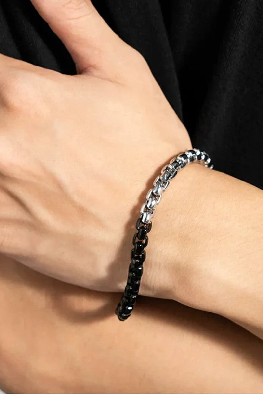 BLACKHEAD Two Tone Steel Box Chain Bracelet in Black - On Male Model