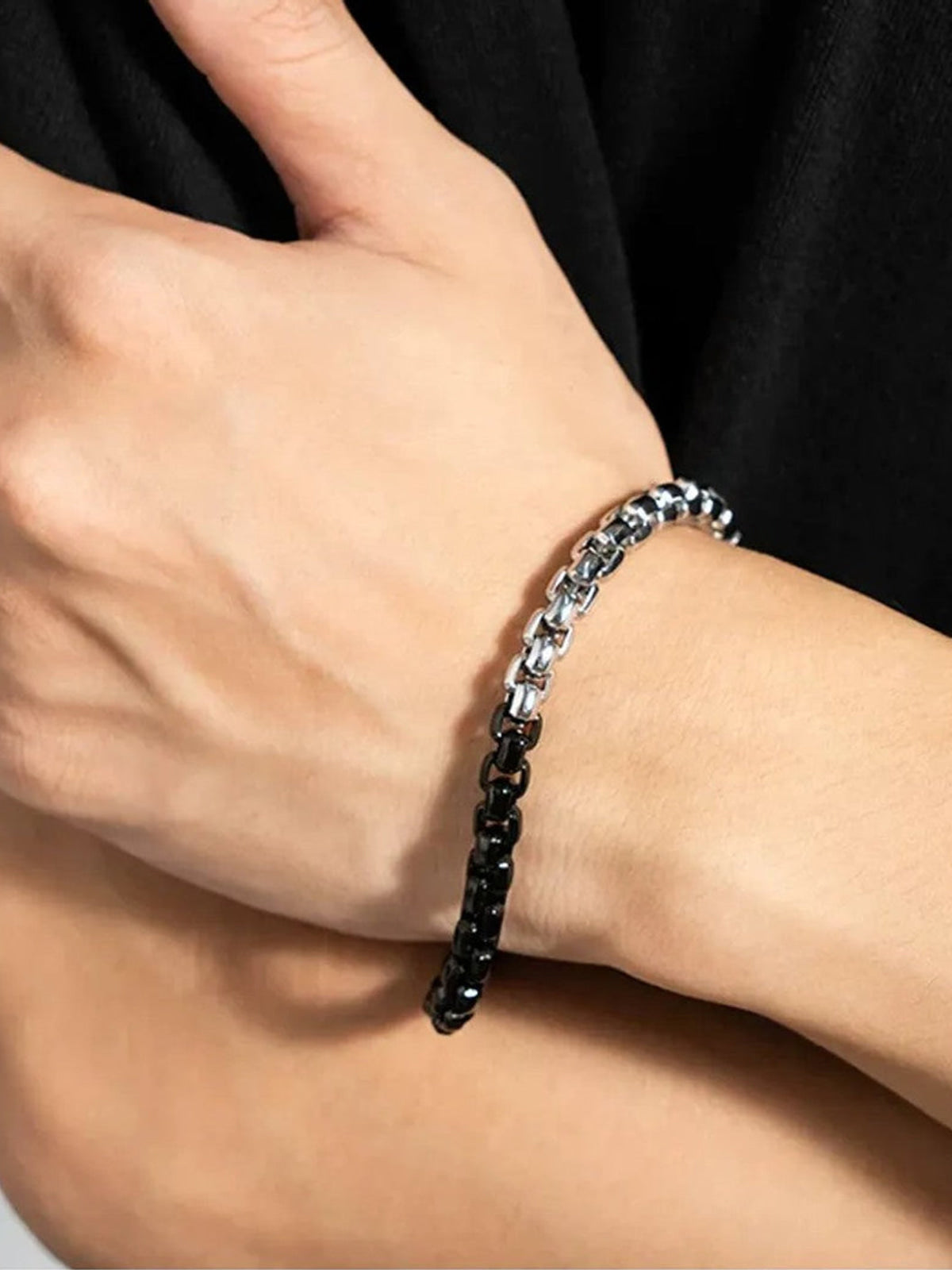 BLACKHEAD Two Tone Steel Box Chain Bracelet in Black - On Male Model