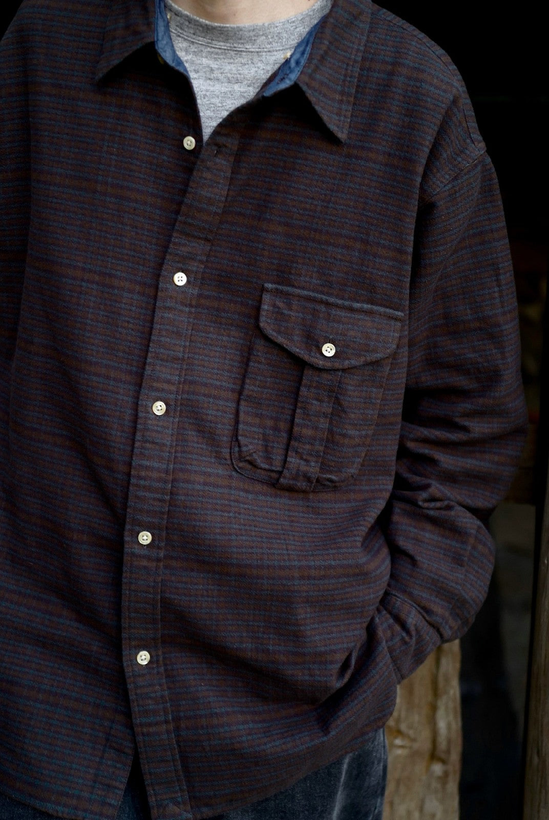 USAGE Detachable Hood Cotton Plaid Shirt in Brown - On Model