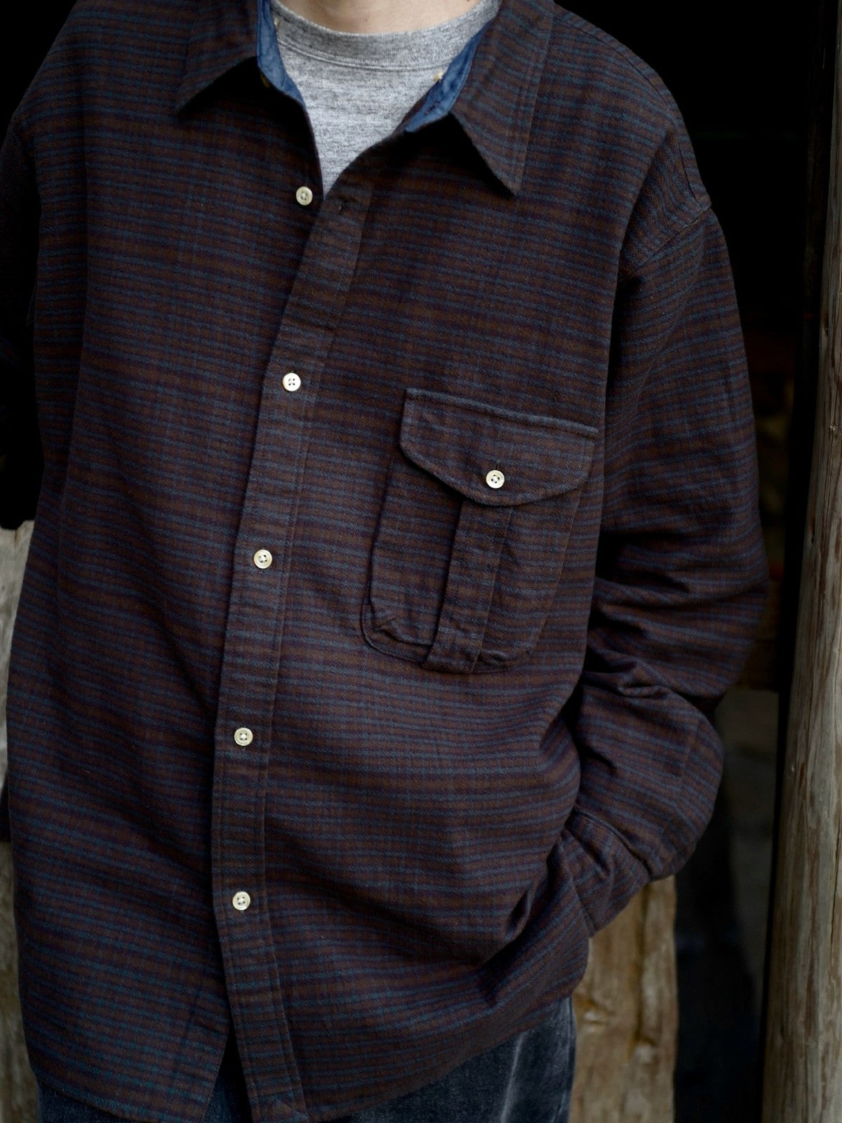 USAGE Detachable Hood Cotton Plaid Shirt in Brown - On Model