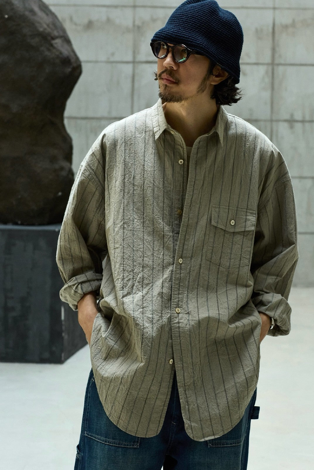 USAGE Crinkled Cotton Striped Button Down in Beige - On Male Model