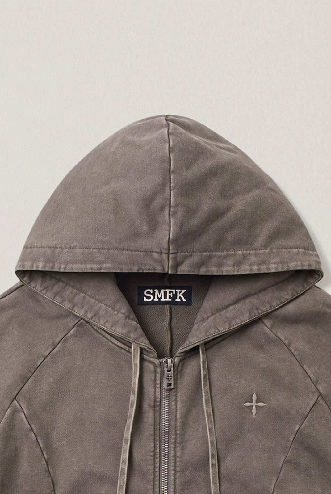 SMFK Distressed Washed Cotton Zip Up Hoodie in Dark Gray - Detail