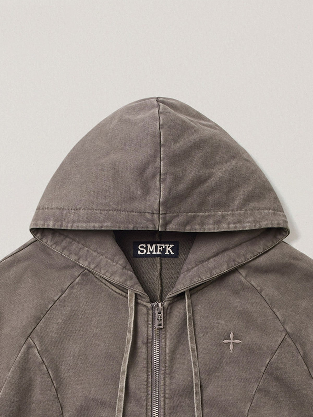 SMFK Distressed Washed Cotton Zip Up Hoodie in Dark Gray - Detail