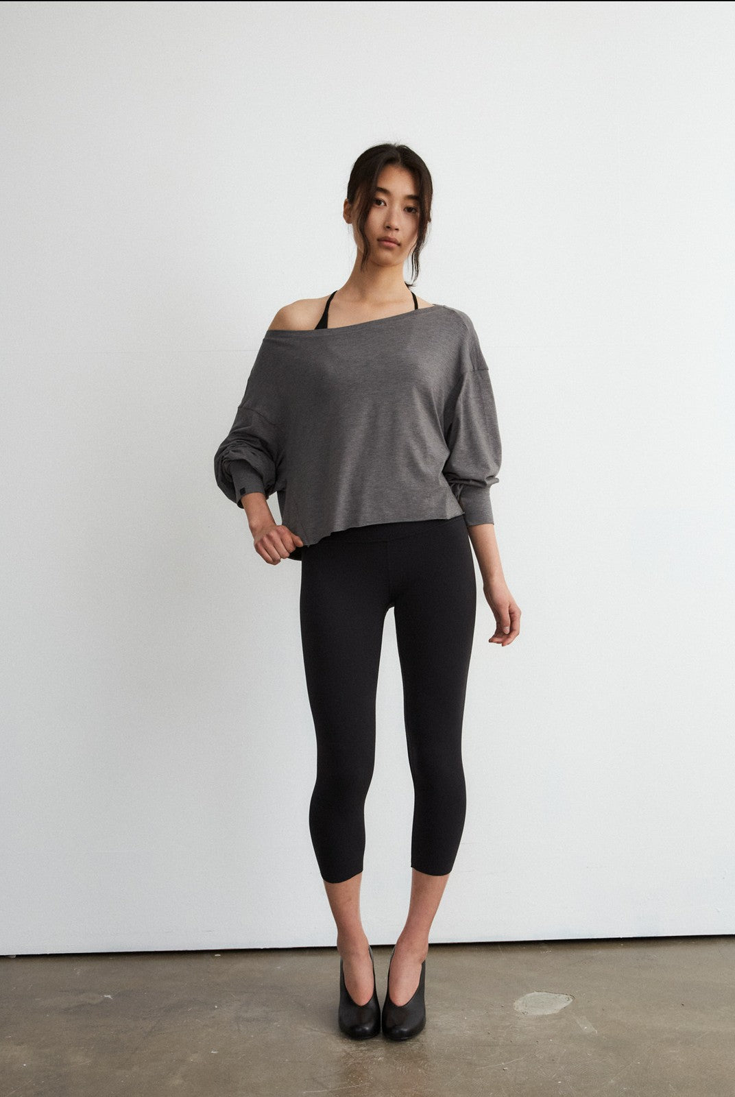 FaxCopyExpress Off Shoulder Overlay Sweatshirt in Gray - On Female Model