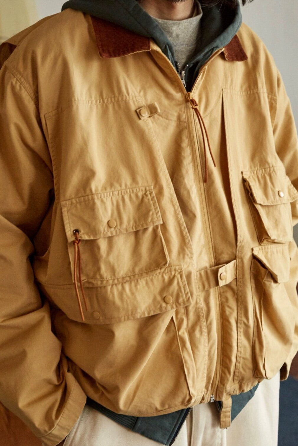 USAGE Corduroy Collar Cotton Fishing Jacket in Beige - On Male Model