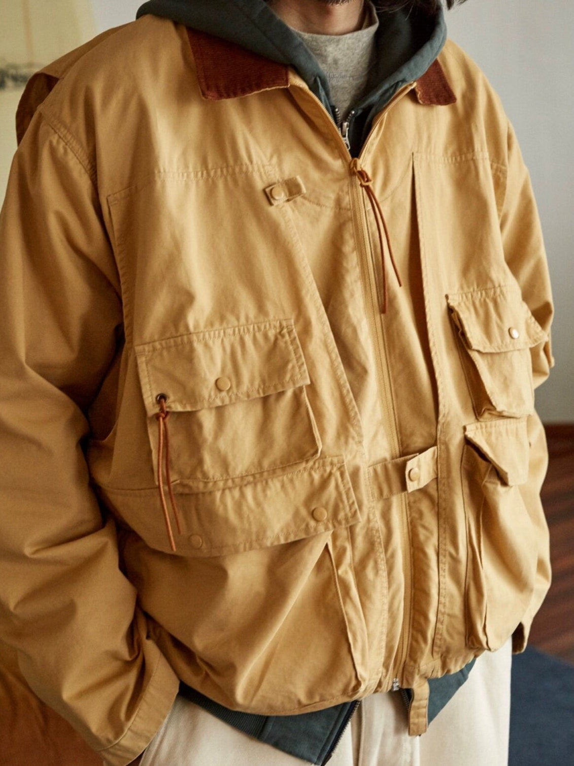 USAGE Corduroy Collar Cotton Fishing Jacket in Beige - On Male Model