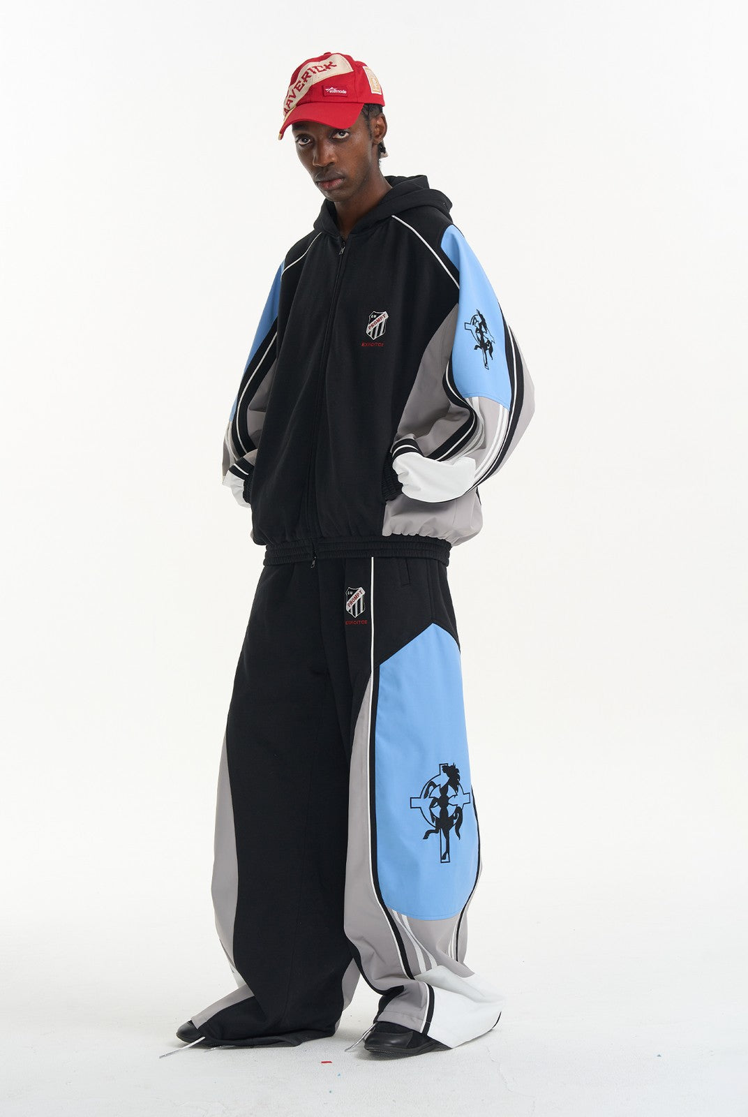 BLINDNOPLAN Color Block Paneled Wide Leg Pants in Black - On Male Model