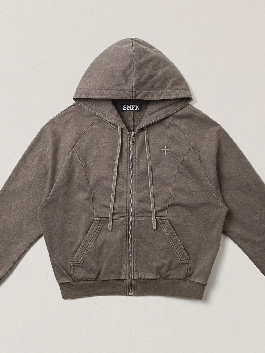 SMFK Washed Cotton Zip Up Hoodie in Dark Gray