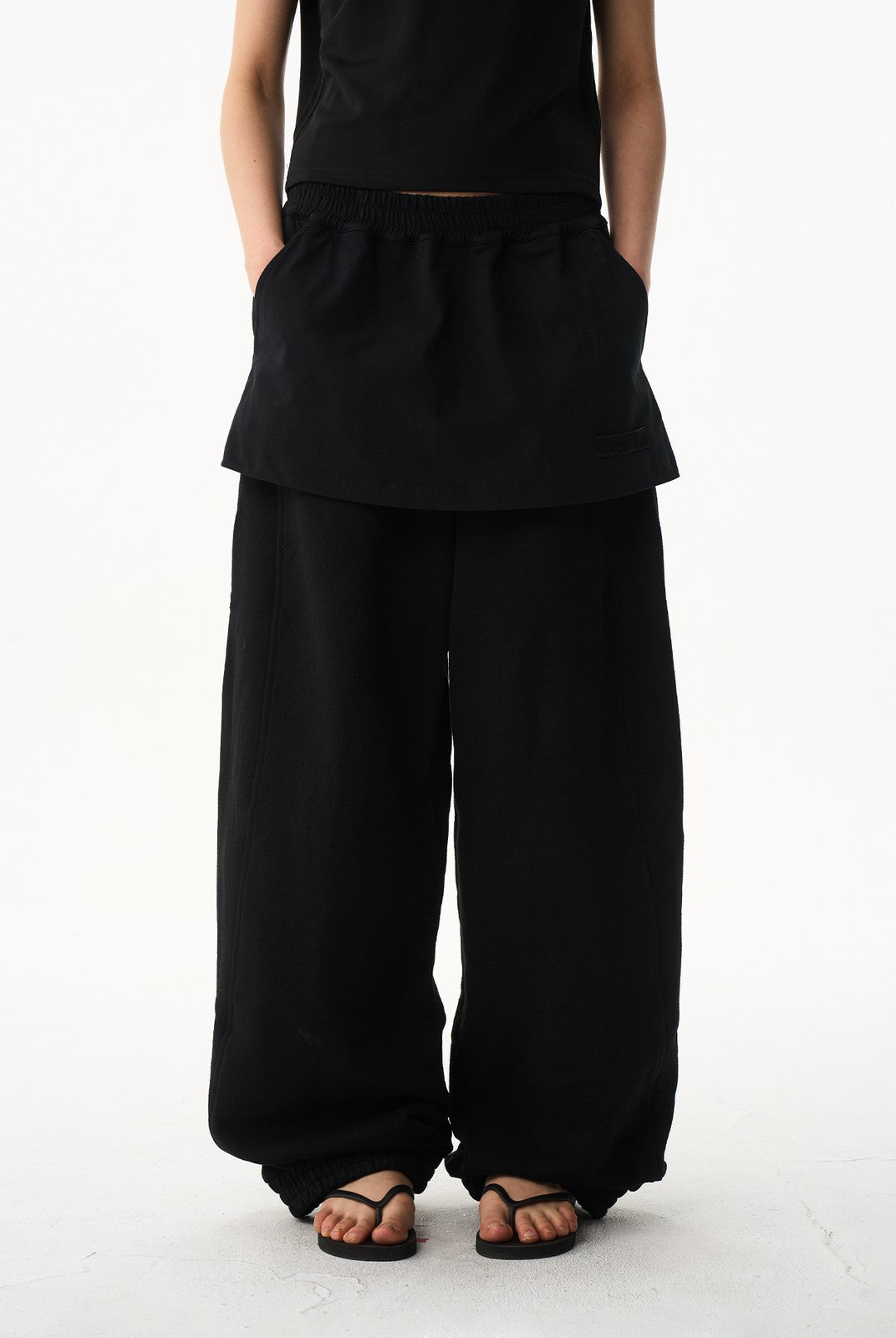 BLINDNOPLAN Layered Cotton Blend Sweatpants in Black - On Model