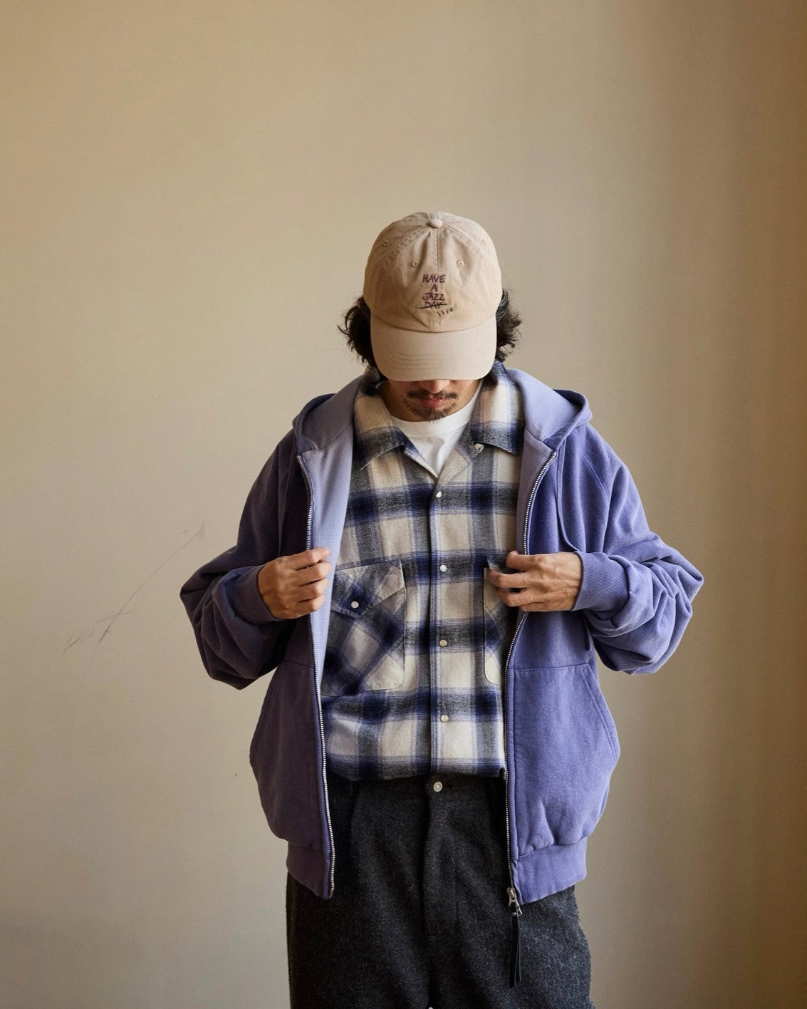 USAGE Vintage Washed Double Layer Zip Hoodie in Purple - On Male Model