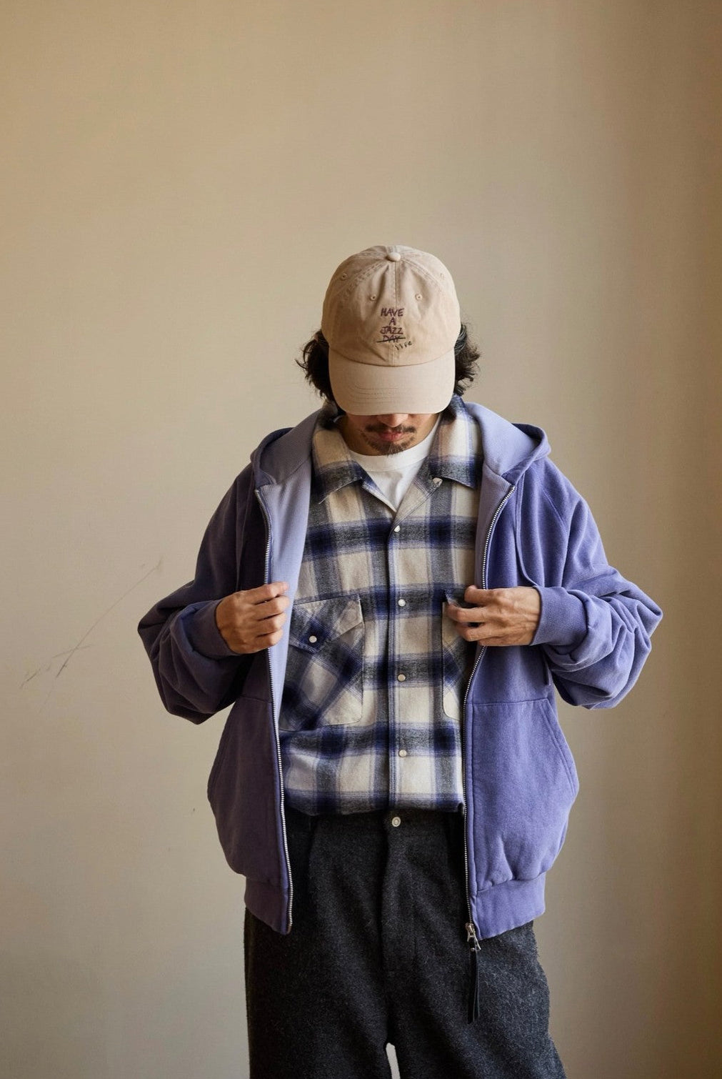 USAGE Vintage Washed Double Layer Zip Hoodie in Purple - On Male Model