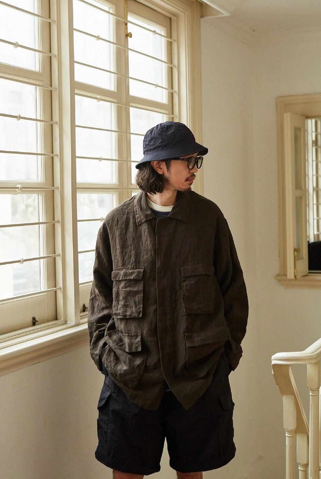USAGE Linen Four Pocket BDU Jacket in Brown - On Male Model