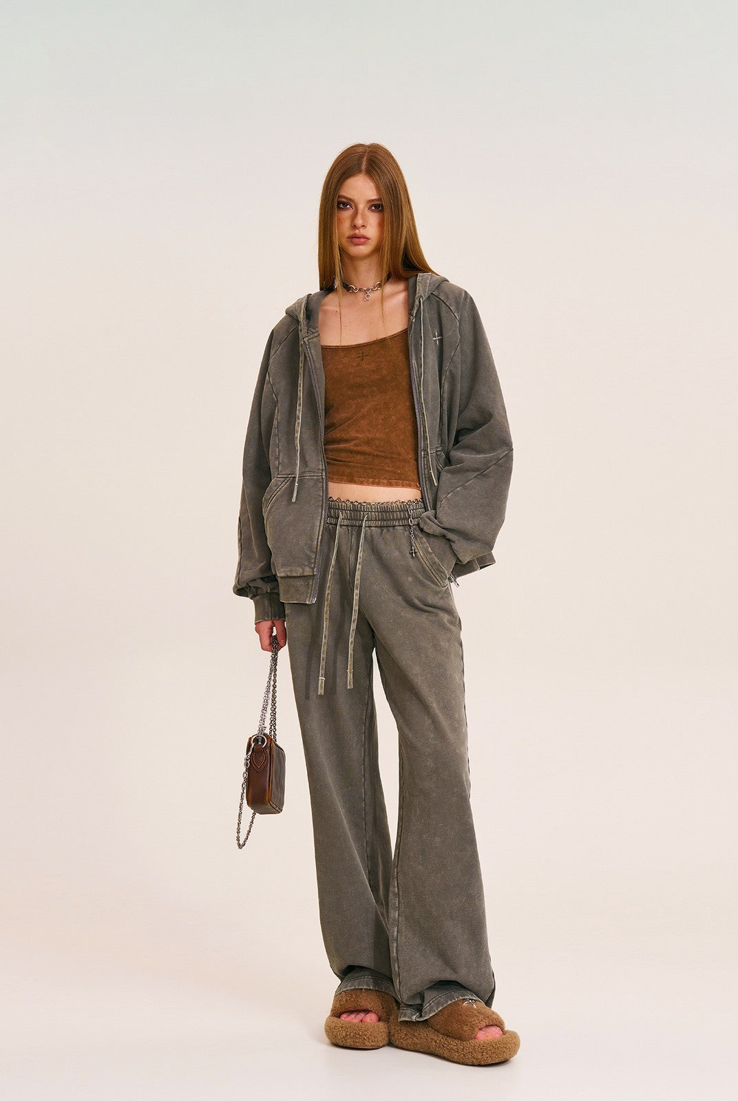 SMFK Washed Cotton Zip Up Hoodie in Dark Gray - On Female Model