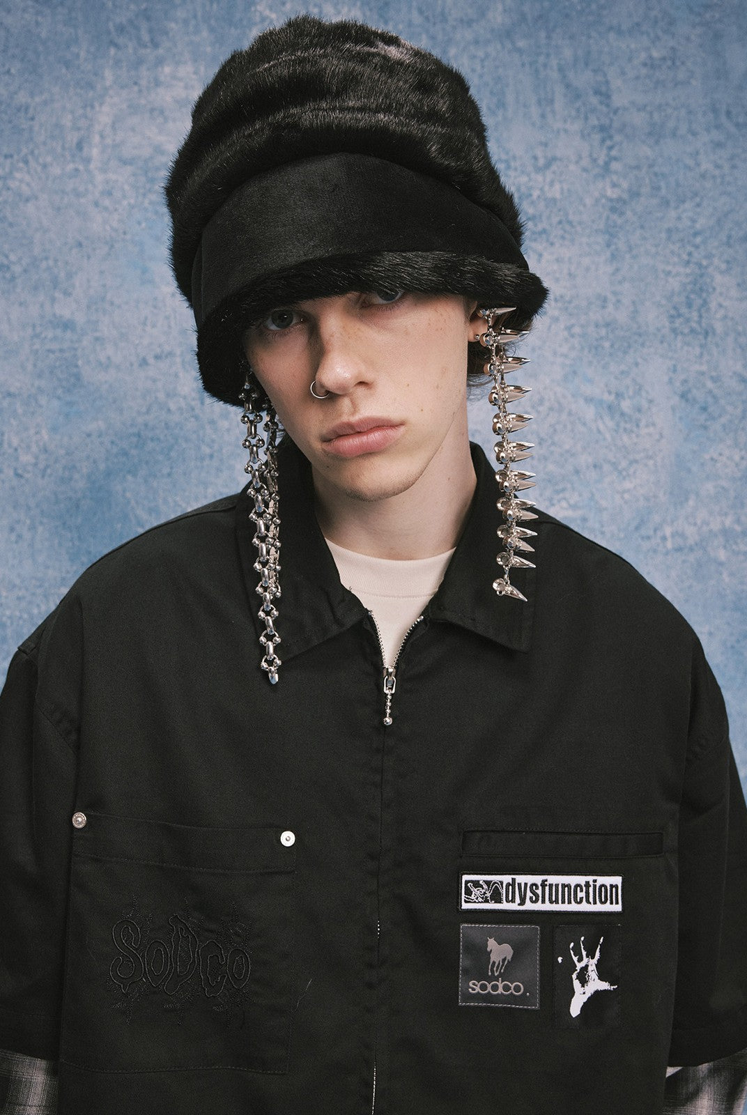 SOD Layered Sleeve Zip Up Shirt Jacket in Black - On Male Model
