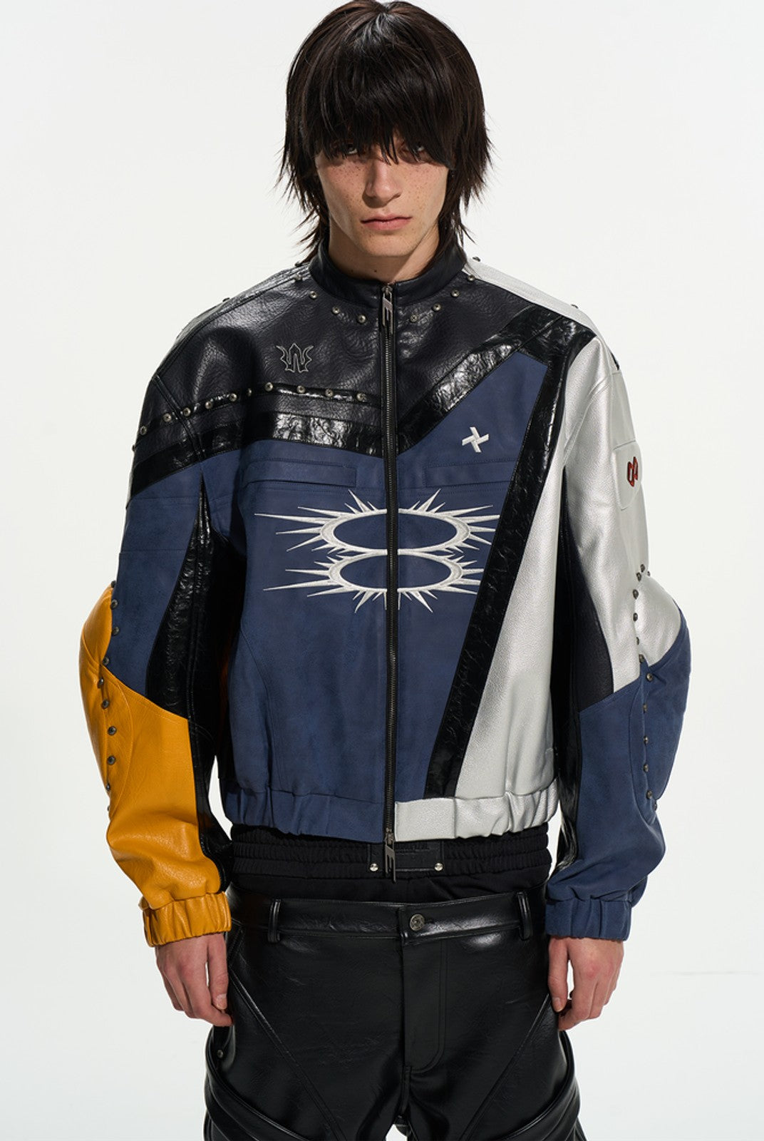 BLINDNOPLAN Color Blocked Faux Leather Biker Jacket in Black - On Male Model