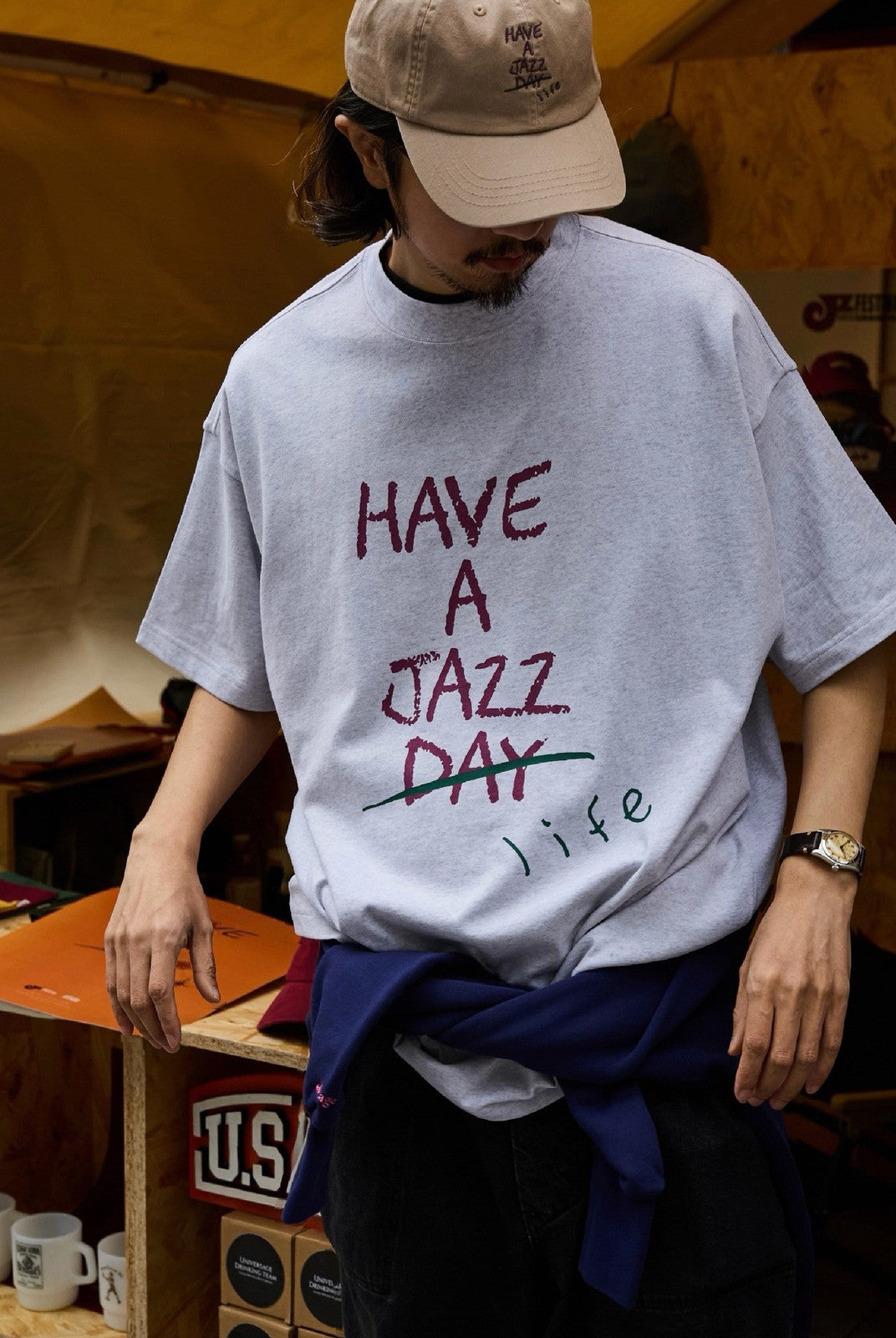 USAGE JZ Festival Graphic Cotton T Shirt in Heather Gray - On Male Model