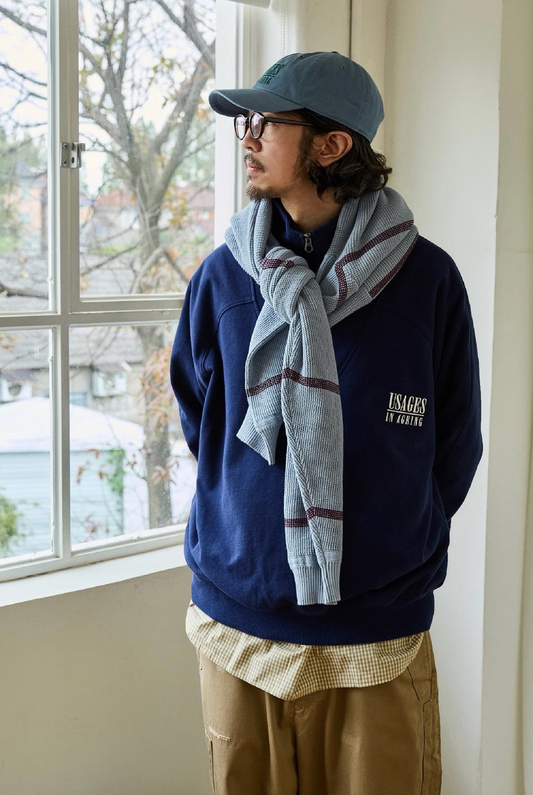 USAGE Heavyweight Cotton Half Zip Sweatshirt in Navy Blue - On Male Model
