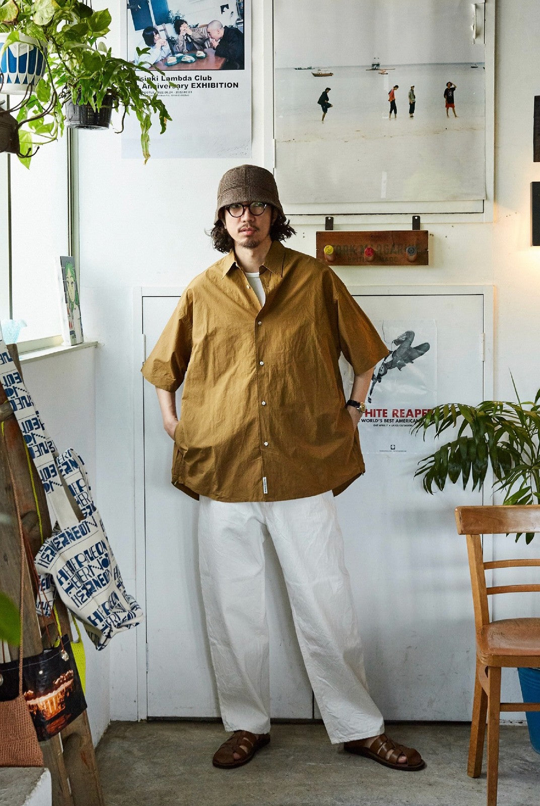 USAGE Cotton Crinkle Short Sleeve Shirt in Beige - On Male Model