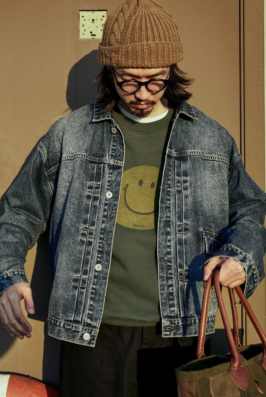 USAGE Washed Cotton Raglan Smiley Sweatshirt in Mint - On Male Model