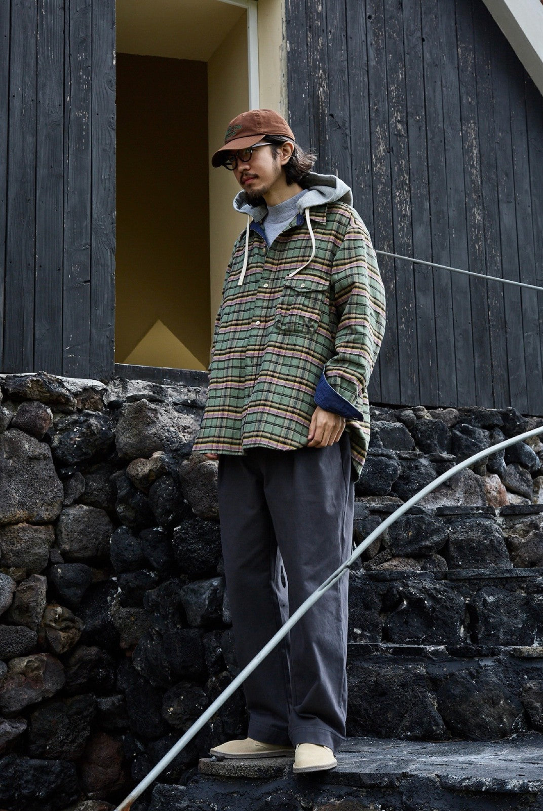 USAGE Detachable Hood Cotton Plaid Shirt in Green - On Male Model