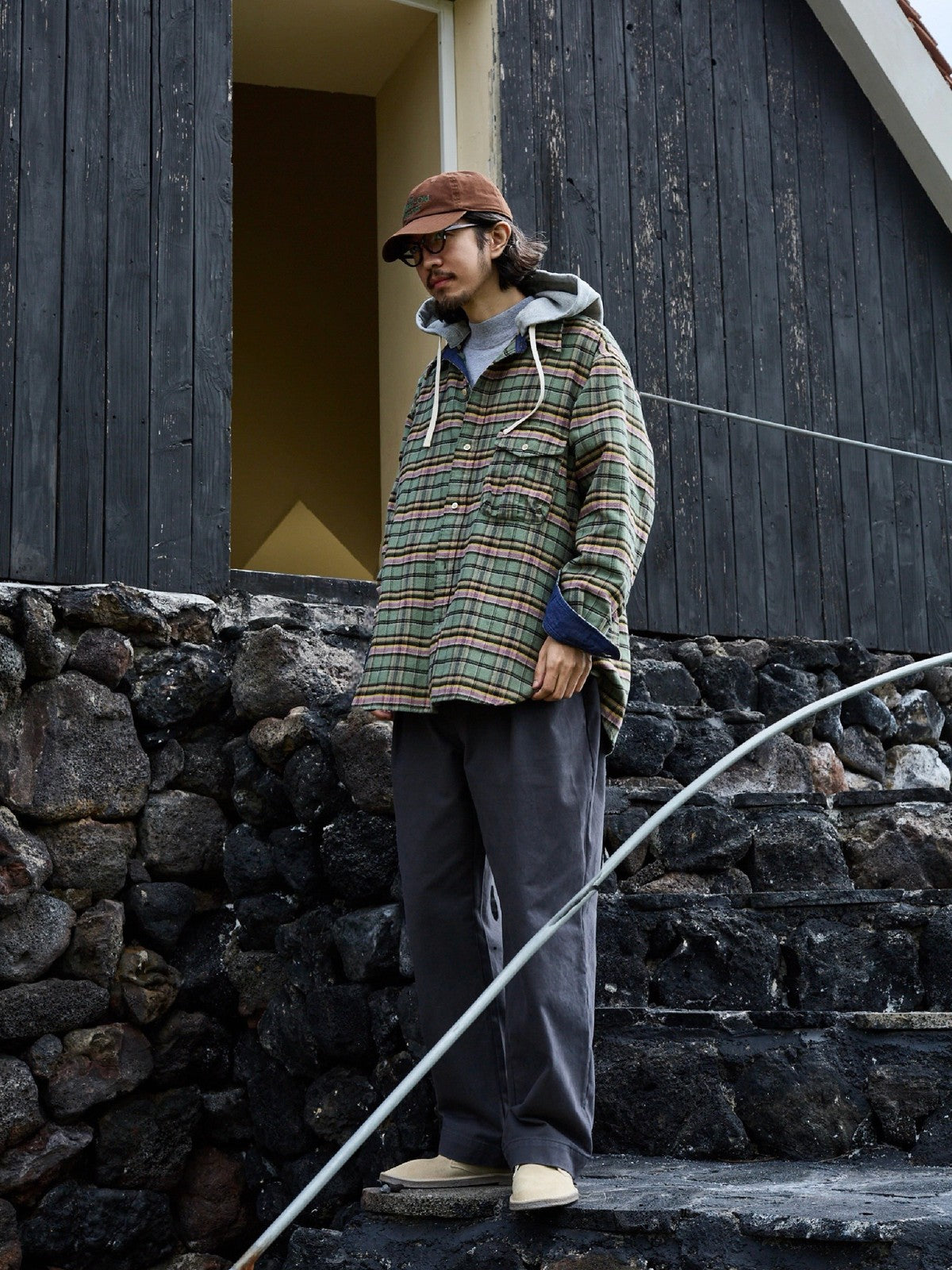 USAGE Detachable Hood Cotton Plaid Shirt in Green - On Male Model