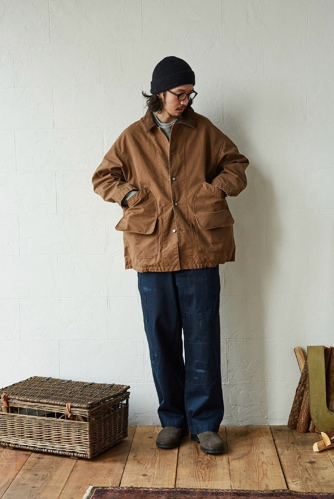 USAGE Hand Distressed Patched Chinos in Navy Blue - On Male Model