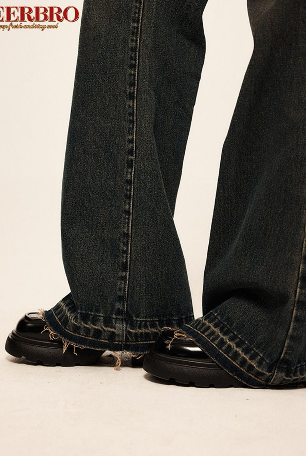 BeerBro Low Rise Raw Hem Micro Flare Jeans in Navy Blue - On Model