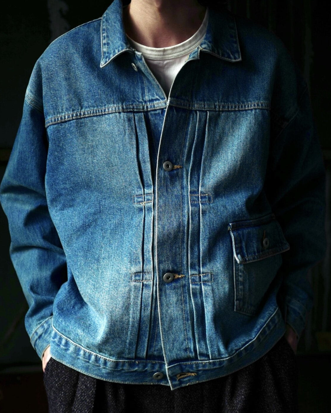 USAGE Type I Selvedge Denim Cropped Jacket in Denim - On Male Model